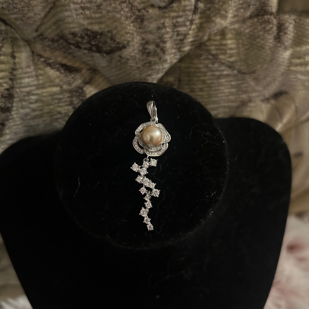 925 Sterling Silver Genuine Pearl CZ Flower Pendant Necklace with Enhancer Bail